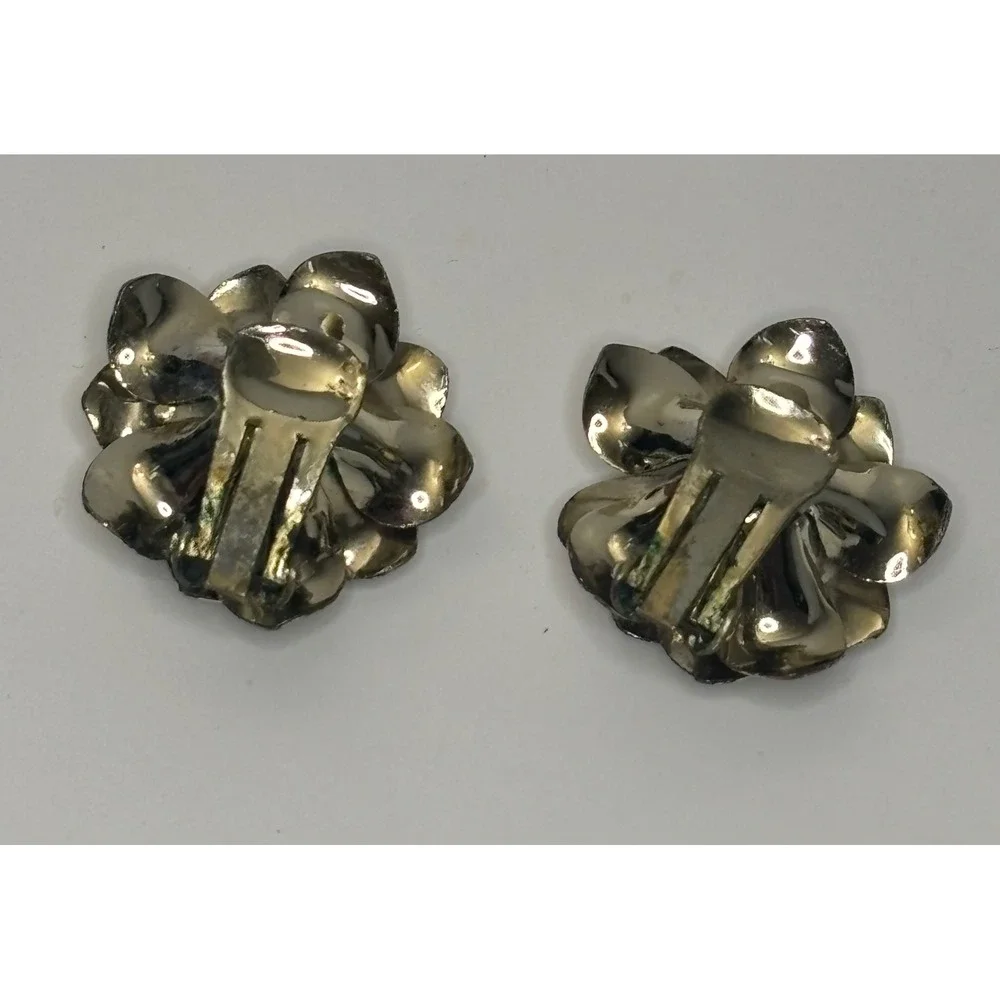 Vintage 1960s Earrings Metal Floral Clip On 3D Layered Rose Flower Studs